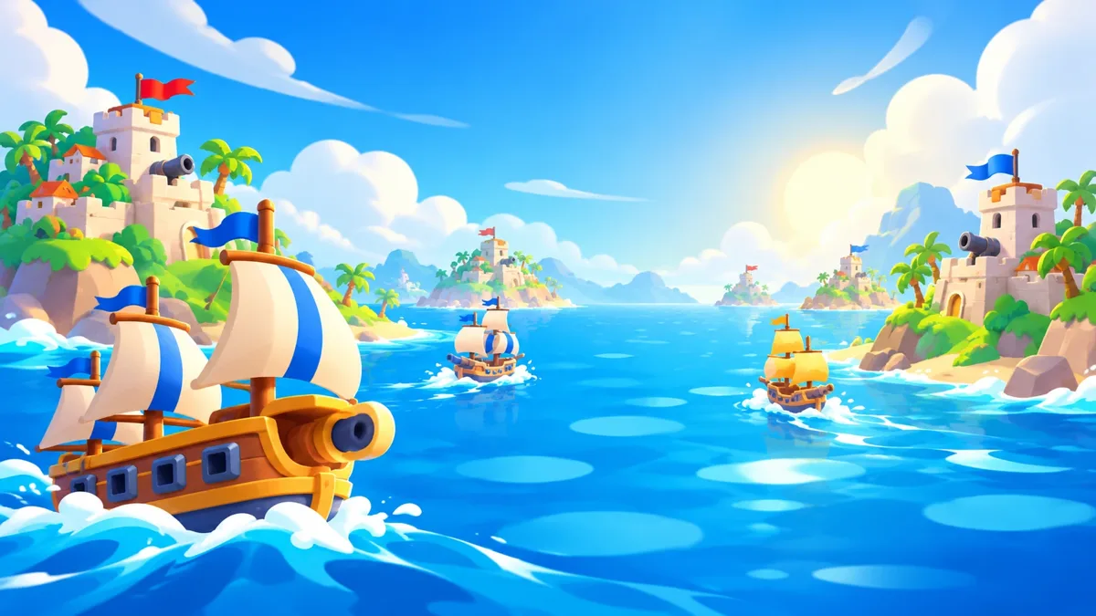 Broadside: colorful sailing ships and island castles across a bright blue sea