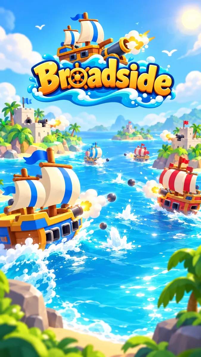 Broadside loading artwork showing colorful ships battling between tropical island castles