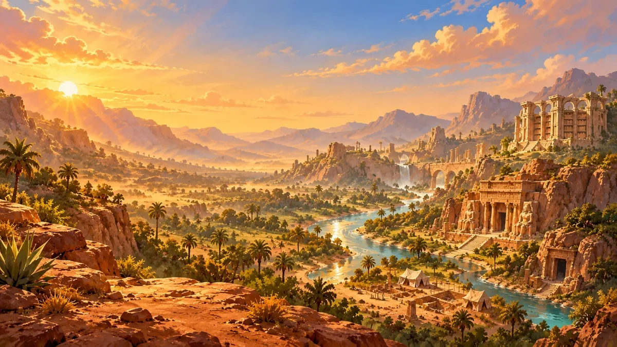 Lost Empires hidden valley with ancient ruins and a winding river at golden hour