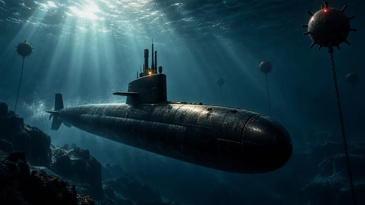 Silent Depths submarine navigating an underwater minefield